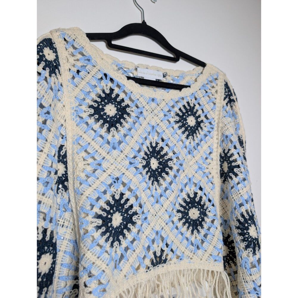 House of Harlow 1960 Boho Crochet Fringe Sweater One Size Blue Ivory Festival - Picture 4 of 8